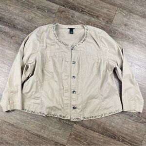 Lane Bryant Jacket Women 26 Beige Studded Trim Button Up Pockets Long Sleeve